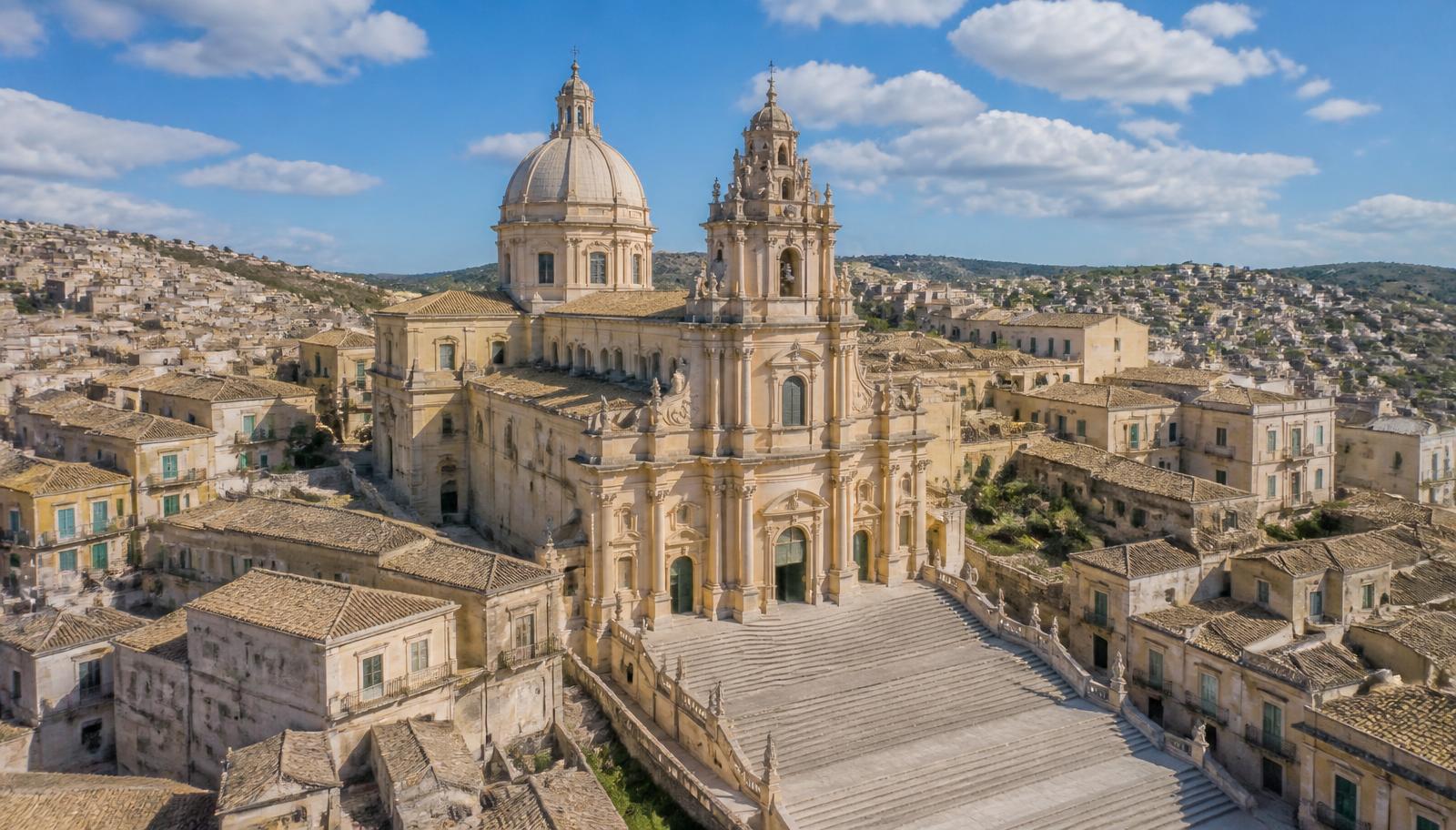 Veduta aerea della Cattedrale di San Giorgio a Modica con la scalinata e il centro storico
