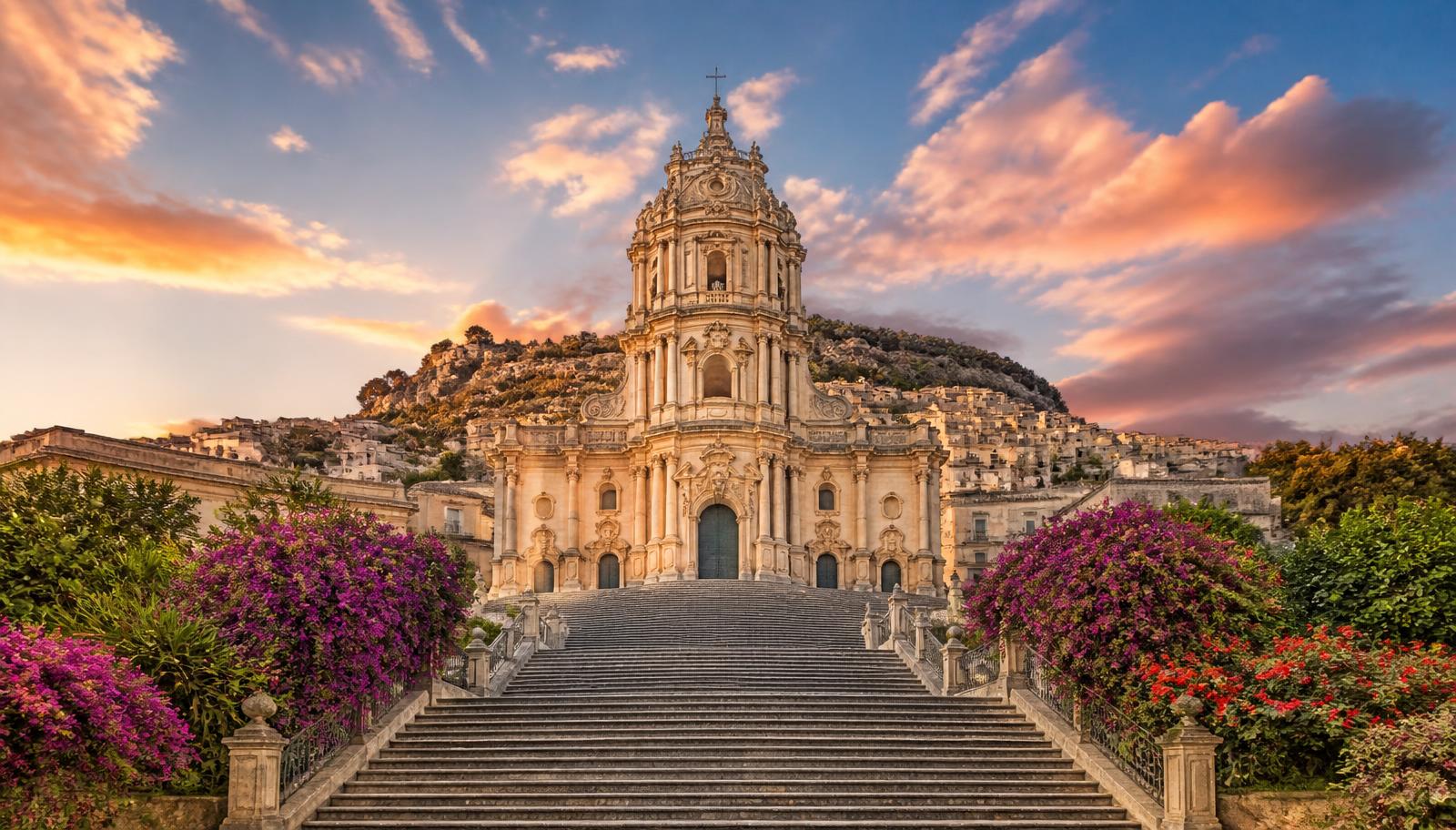 Cattedrale barocca di San Giorgio a Modica con la scalinata monumentale e bougainvillea al tramonto