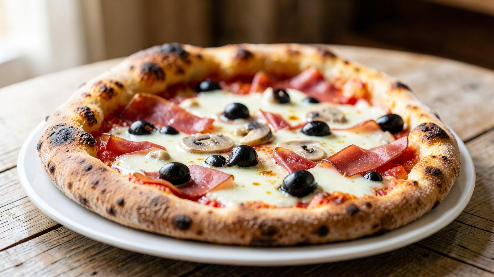 Pizza capricciosa con prosciutto cotto, funghi, olive nere e mozzarella fusa, inquadratura ravvicinata su tavolo di legno chiaro