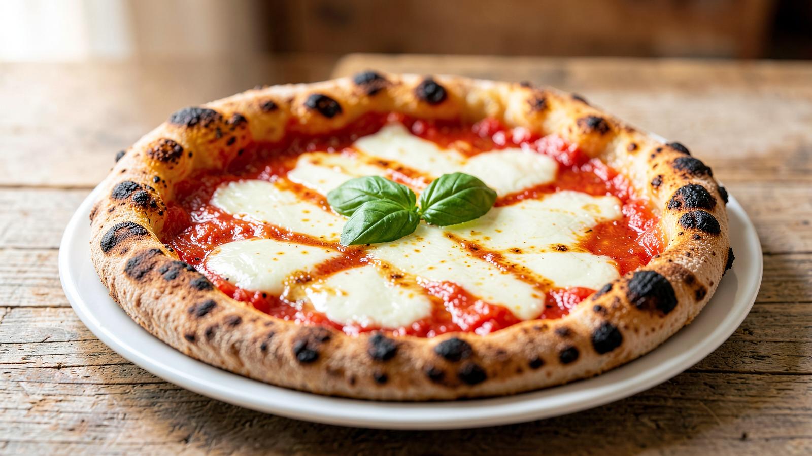 Pizza margherita napoletana con cornicione alto, mozzarella, pomodoro e basilico fresco su tavolo di legno chiaro