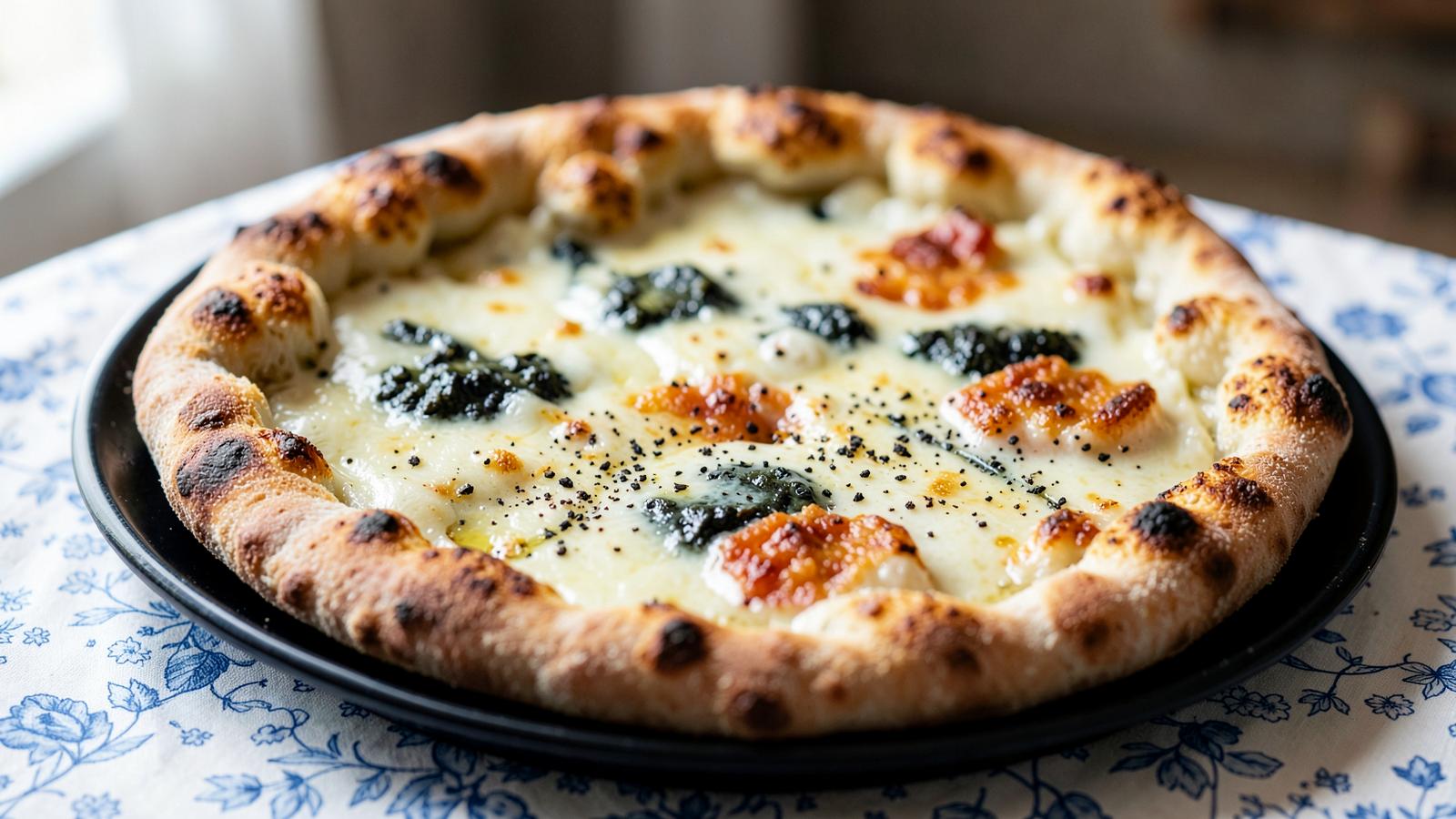 Pizza quattro formaggi con cornicione alto, mozzarella, gorgonzola e parmigiano fusi, su piatto scuro e tovaglia chiara